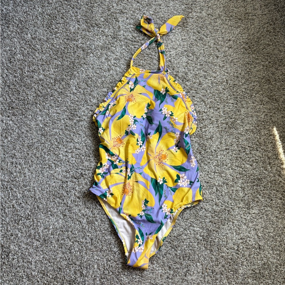 FARM Rio Yellow and Purple One Piece Swimsuit with Floral Design